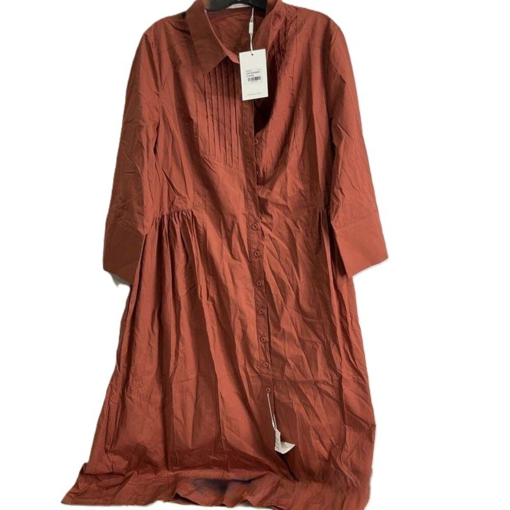 Maye Terracotta Casual Shirt Dress Size L Rust Brown Button Up Midi Pleated-LG